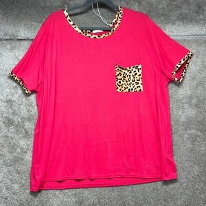 e.Luna Womens Top Size 2X‎ Hot Pink Leopard Print Trim Oversized Pocket Tee USA